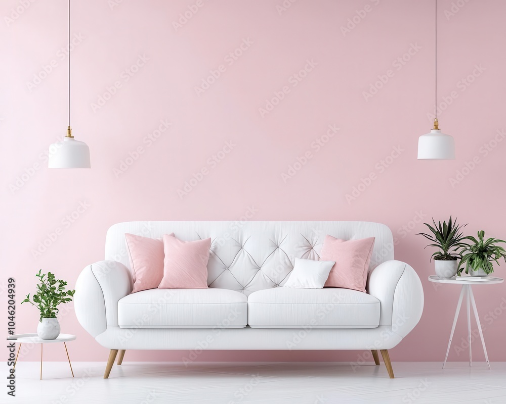 Elegant white sofa with plush cushions in a pastelthemed living room, surrounded by soft pink accents, sofa, charming and cute decor Elegant white sofa with plush cushions in a pastelthemed living room, surrounded by soft pink accents, sofa, charming and cute decor