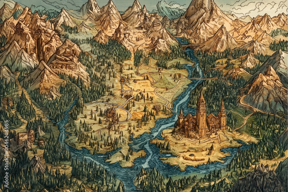 Naklejka premium Detailed Fantasy Map of Enchanted Forests and Mountains