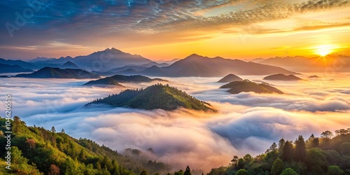 A symphony of nature's artistry, with a breathtaking sunrise casting a golden glow upon rolling hills and a sea of clouds