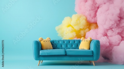 Chic blue velvet sofa with cute animalshaped cushions, surrounded by gold decor in a cozy living room, sofa, elegant and playful photo