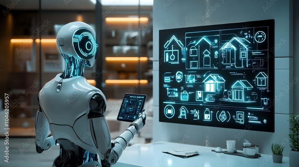 Robotic Hand Interacting with Futuristic Digital Interface Robotic Hand Interacting with Futuristic Digital Interface