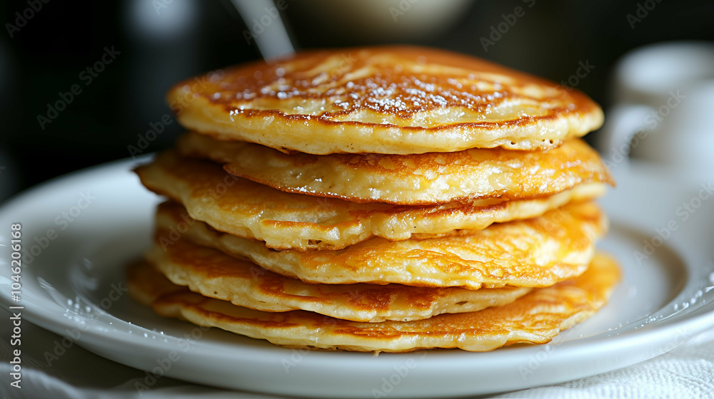 A delicious stack of fluffy golden pancakes served on a white plate. The pancakes are perfectly cooked with a light, airy texture, ideal for a classic breakfast or brunch. A delicious stack of fluffy golden pancakes served on a white plate. The pancakes are perfectly cooked with a light, airy texture, ideal for a classic breakfast or brunch.
