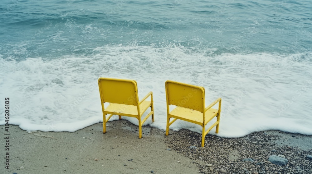 Two yellow chairs are on the beach, one on the left and one on the right Two yellow chairs are on the beach, one on the left and one on the right