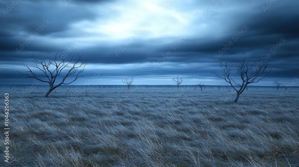 Eerie Landscape with Barren Trees Under a Dramatic Sky at Dusk Eerie Landscape with Barren Trees Under a Dramatic Sky at Dusk