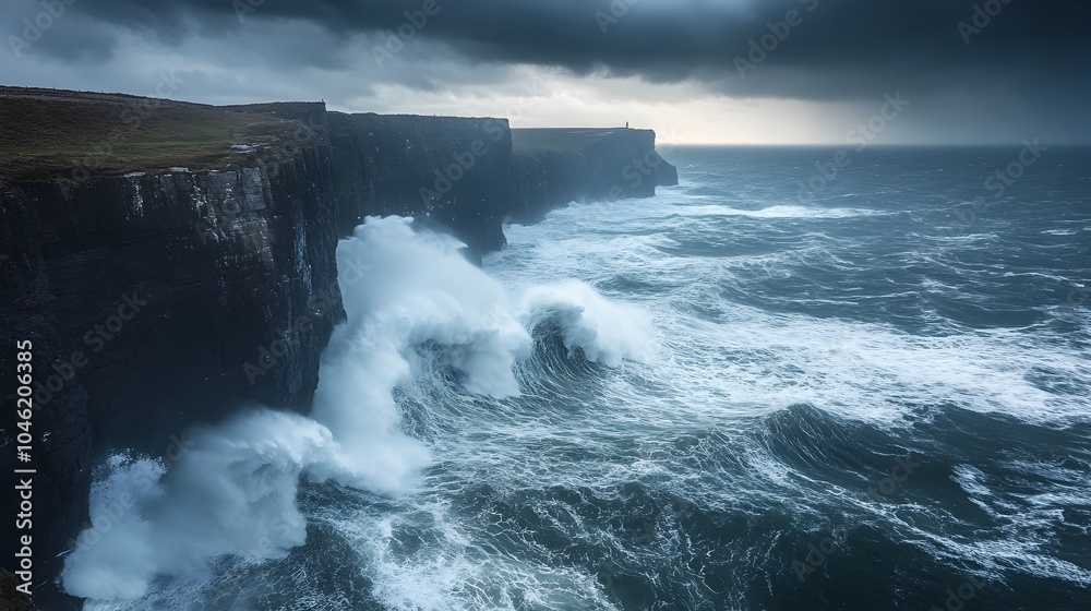Dramatic Stormy Seascape with Crashing Waves on Rugged Coastline at Sunset or Sunrise Dramatic Stormy Seascape with Crashing Waves on Rugged Coastline at Sunset or Sunrise