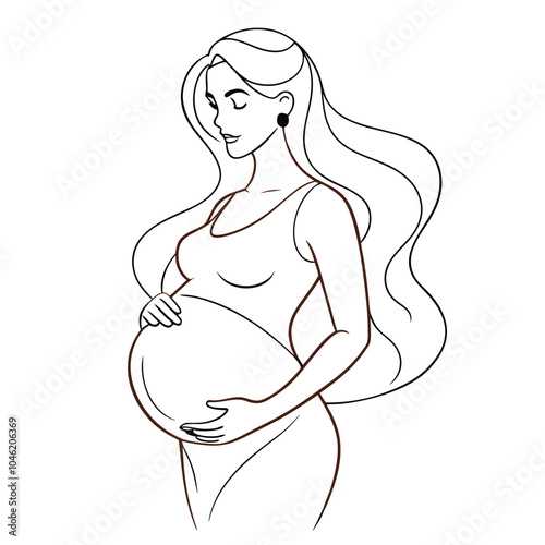 Single one line drawing  beautiful pregnant woman standing with a big belly. World Population Day. Continuous line art  design graphic vector illustration on white background 