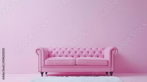 Chic tufted sofa in soft lavender with a white fluffy rug in a lightfilled living room, sofa, elegant and cute decor