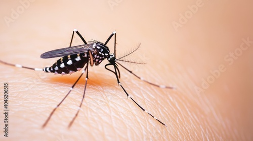 Close-Up View of a Tiger-Skinned Mosquito Feeding on Human Skin with Dramatic Lighting