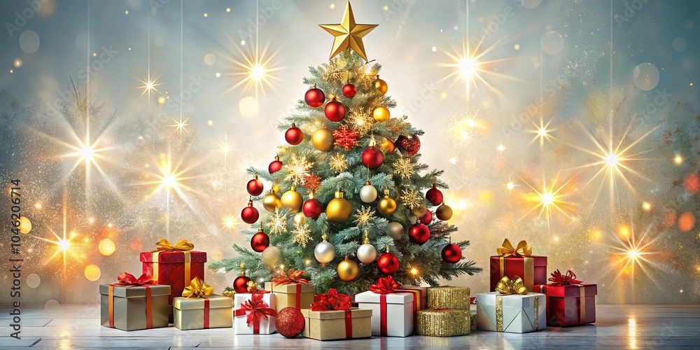 A Festive Christmas Tree Adorned with Sparkling Ornaments and Glimmering Lights, Surrounded by Presents Wrapped in Red, Gold, and White Paper, Against a Backdrop of Shimmering Stars A Festive Christmas Tree Adorned with Sparkling Ornaments and Glimmering Lights, Surrounded by Presents Wrapped in Red, Gold, and White Paper, Against a Backdrop of Shimmering Stars
