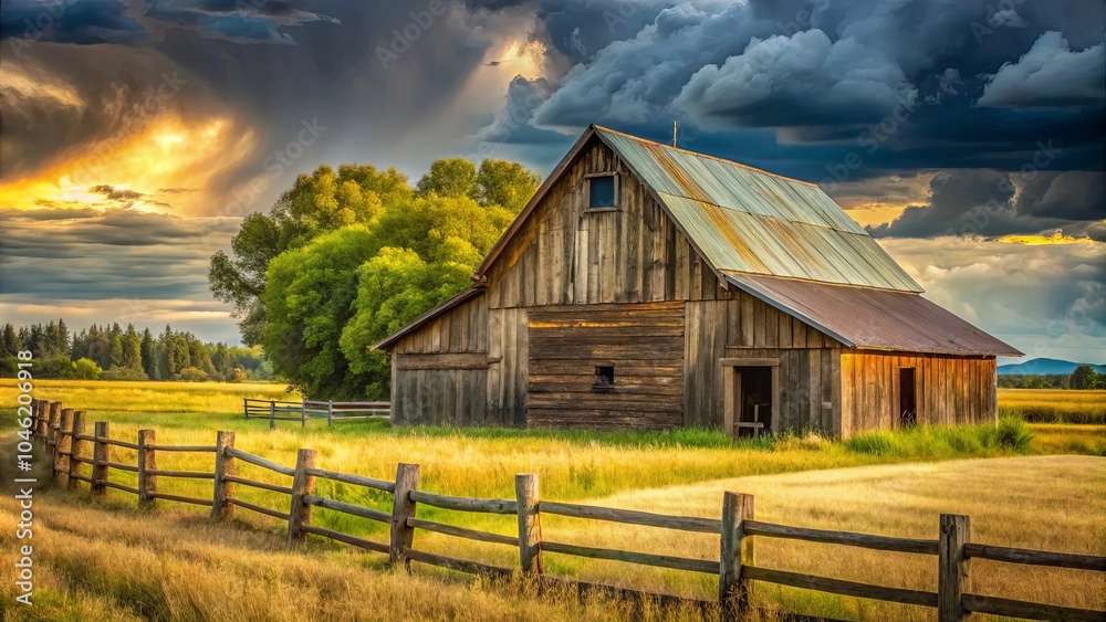 A Rustic Wooden Barn Stands Proudly Against a Dramatic Sunset Sky, Surrounded by a Golden Field and a Simple Wooden Fence A Rustic Wooden Barn Stands Proudly Against a Dramatic Sunset Sky, Surrounded by a Golden Field and a Simple Wooden Fence