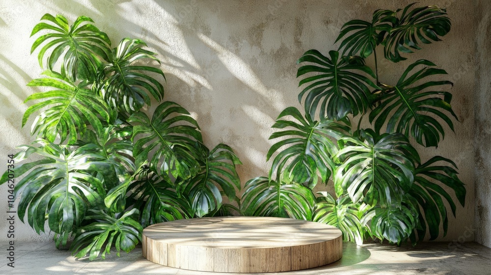 Blank wood podium product display and green tropical monstera plants leaves with beautiful sun light and shadow 3D render for nature Blank wood podium product display and green tropical monstera plants leaves with beautiful sun light and shadow 3D render for nature
