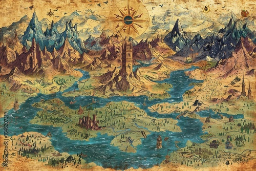 Fantasy Illustrated Map with Mountains and Rivers photo