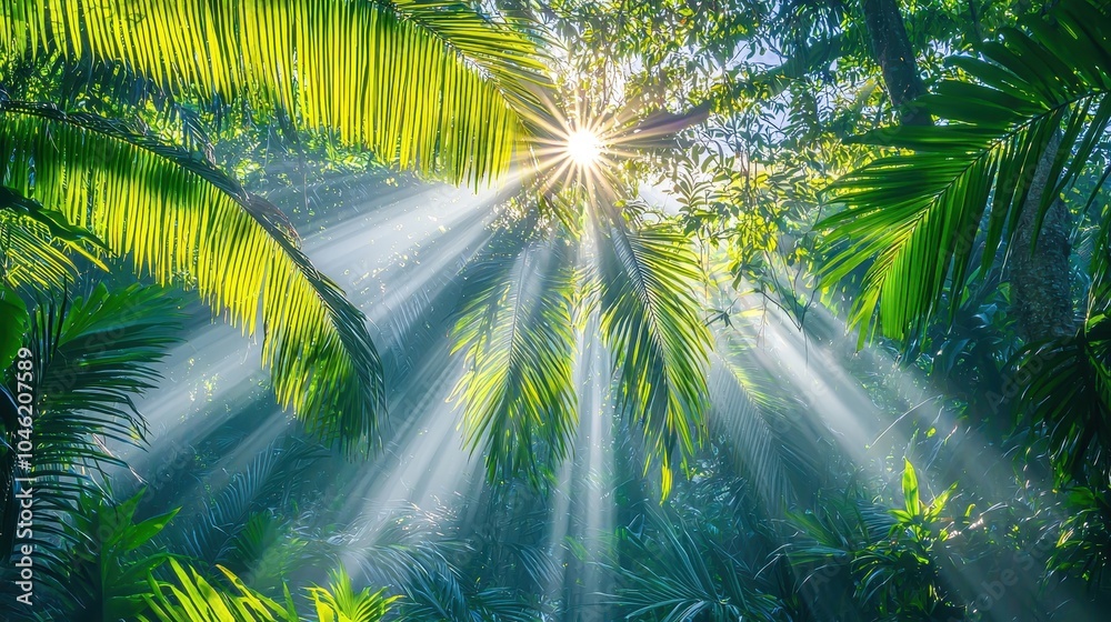 Obraz premium Sunlight Through Lush Tropical Rainforest Canopy