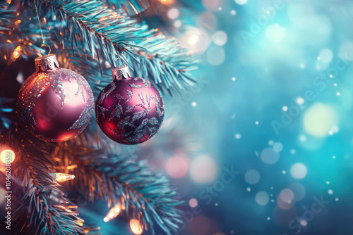 Christmas tree with red and gold ornaments illuminated by twinkling lights, surrounded by wrapped gifts and a cozy fireplace with stockings hung. photo