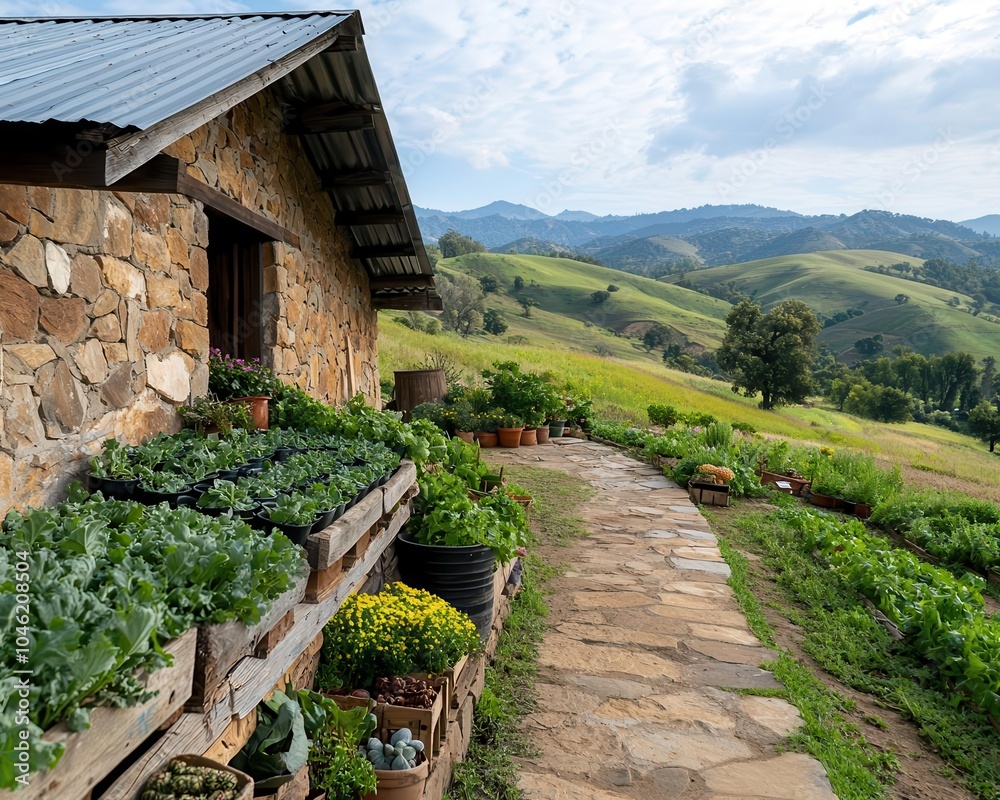 Rustic rural market with stone walls and a sloping tin roof, set against a backdrop of rolling hills, rural market, traditional and welcoming Rustic rural market with stone walls and a sloping tin roof, set against a backdrop of rolling hills, rural market, traditional and welcoming