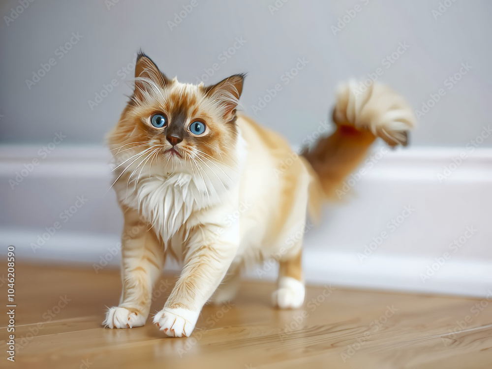 A cat with blue eyes is walking on a wooden floor. The cat has a fluffy tail and is looking up at the camera A cat with blue eyes is walking on a wooden floor. The cat has a fluffy tail and is looking up at the camera