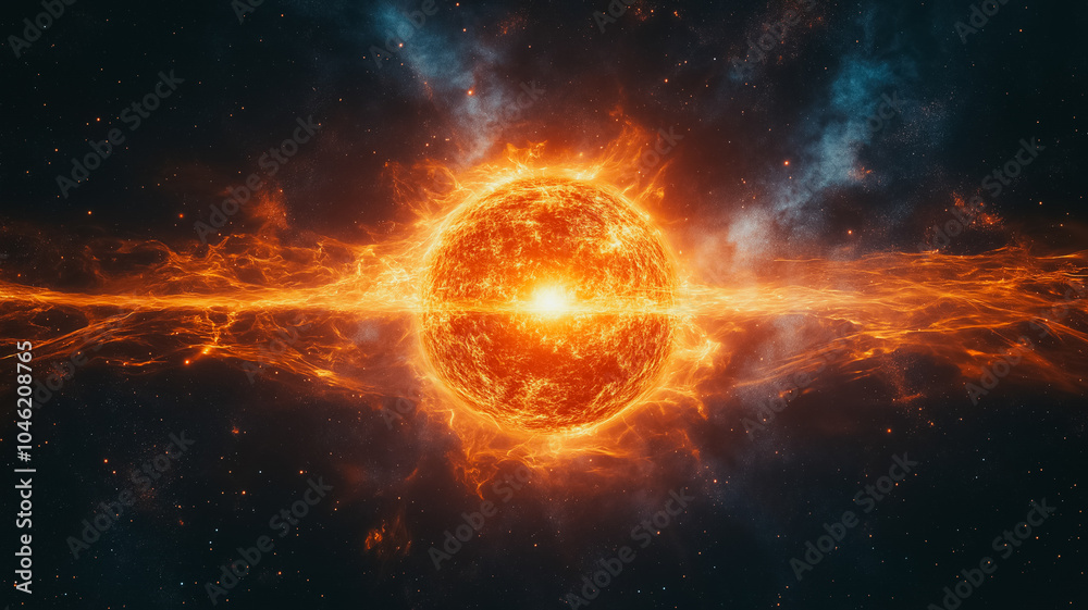 Obraz premium A bright orange sun is surrounded by a glowing orange cloud. The sun is the center of the image and the cloud is surrounding it. The image has a warm and inviting mood, as if it is a beautiful