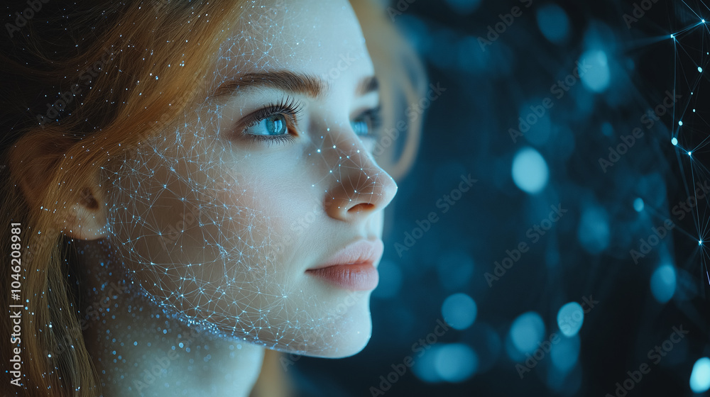 A woman with blue eyes looking at the camera. The image is a computer generated face. The woman's face is surrounded by a web of lines, giving it a futuristic appearance A woman with blue eyes looking at the camera. The image is a computer generated face. The woman's face is surrounded by a web of lines, giving it a futuristic appearance
