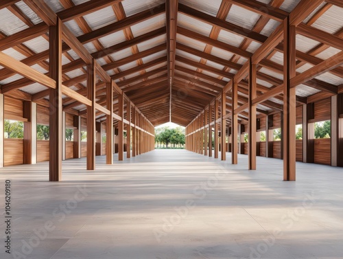 Rural market with large open sheds made of timber and steel, designed for farmers to sell produce in a village setting, rural market, spacious and practical