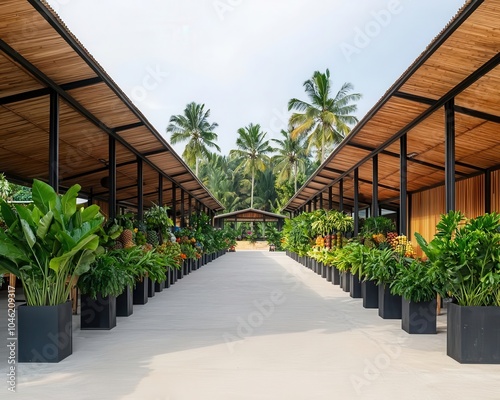 Open pavilionstyle rural market with corrugated iron roofing and wooden pillars, located in a lush rural setting, rural market, functional and airy photo