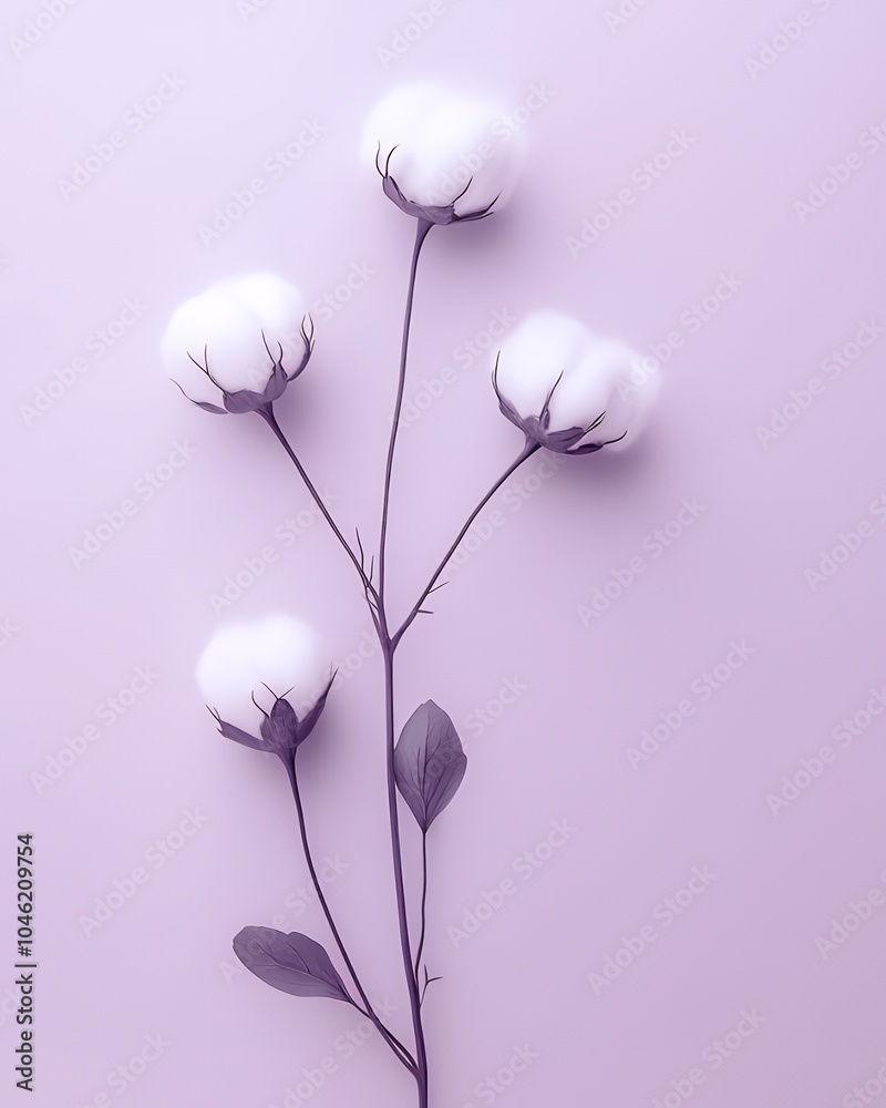 A sprig of cotton blossoms with four fluffy bolls on a pale purple background. A sprig of cotton blossoms with four fluffy bolls on a pale purple background.