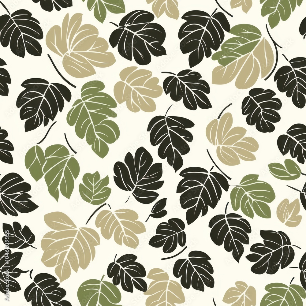Minimalistic Leaf Pattern with Green, Beige, and Black Tones on a Cream Background, Featuring Tropical Foliage for Seamless Nature Design or Botanical Decor Minimalistic Leaf Pattern with Green, Beige, and Black Tones on a Cream Background, Featuring Tropical Foliage for Seamless Nature Design or Botanical Decor