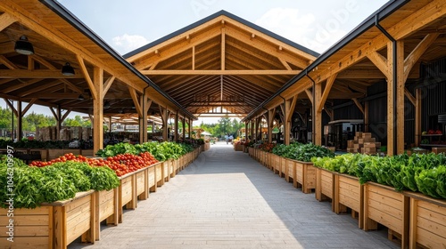 Circular rural market with timberframed roof, featuring openair pathways connecting vendors, rural market, sustainable architecture