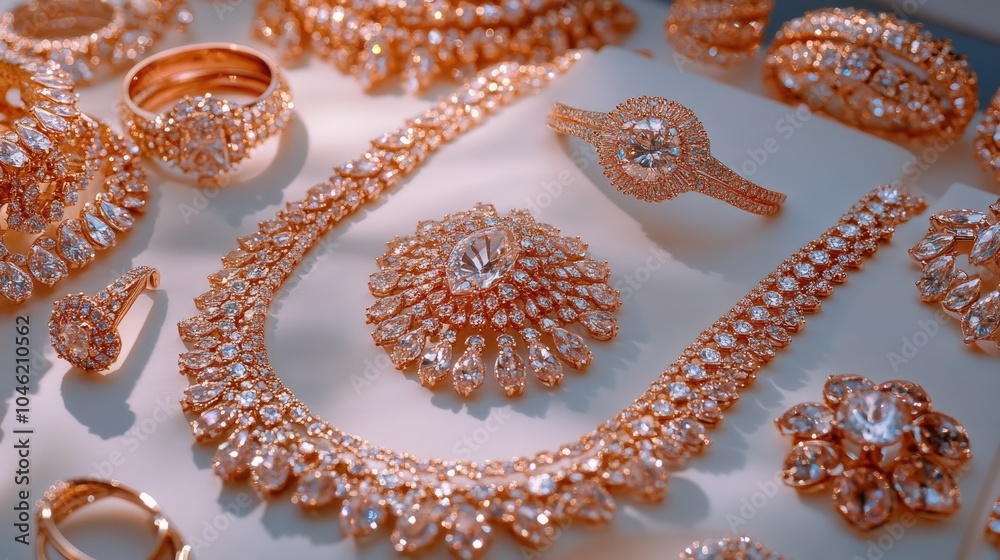 Elegant Rose Gold Jewelry Display with Sparkling Gems Elegant Rose Gold Jewelry Display with Sparkling Gems