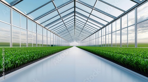 Modern rural market with steel and glass architecture, open to natural light and surrounded by green fields, rural market, innovative and sustainable design
