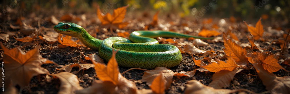 Fototapeta premium Vibrant green snake in autumn leaves: nature's harmony