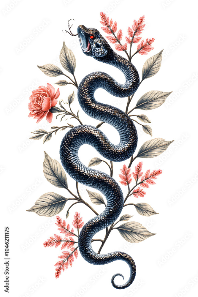 Obraz premium Elegant black snake with floral elements: artful wildlife and nature integration