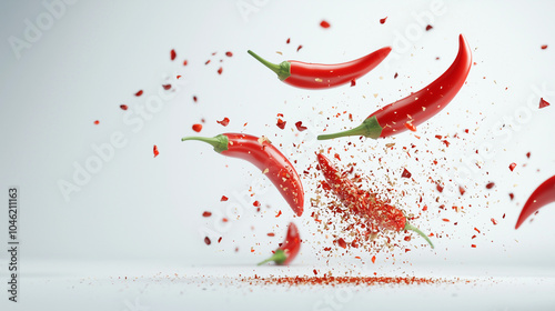 Chili Pepper Explosion: A vibrant burst of red chili peppers explodes in mid-air, showering the scene with a fiery cascade of spices. A dynamic and flavorful image perfect for food blogs.