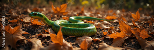 Vibrant green snake in autumn leaves: nature's harmony photo