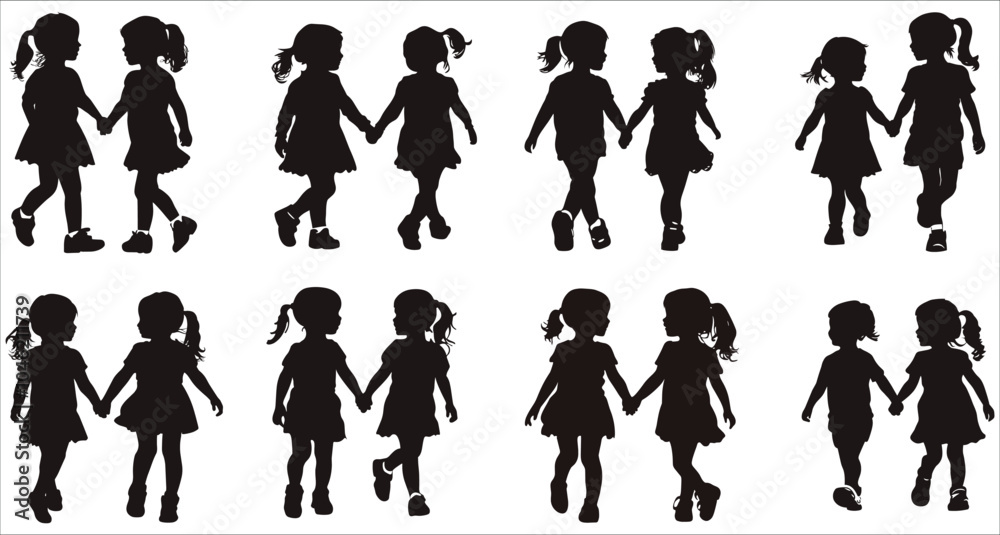 Vector silhouettes of a children playing and holding hands. Silhouettes of children playing. Silhouettes of children playing and holding hands. Vector illustrations of girl playing silhouettes