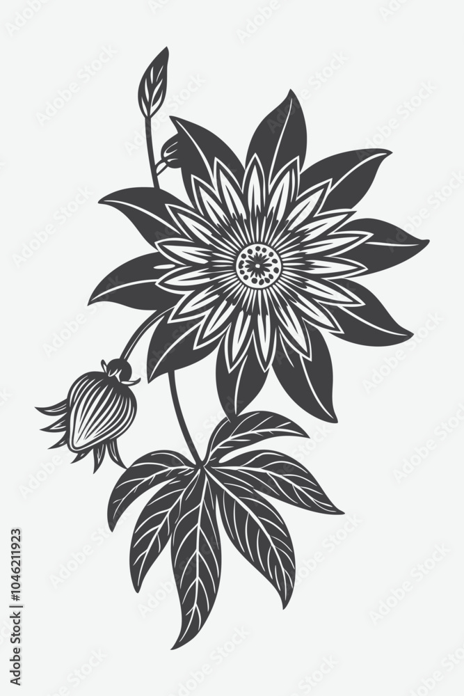 Passiflora Passion Flower Branch with Flowers Silhouette Vector Illustration of a Detailed Floral Design Passiflora Passion Flower Branch with Flowers Silhouette Vector Illustration of a Detailed Floral Design