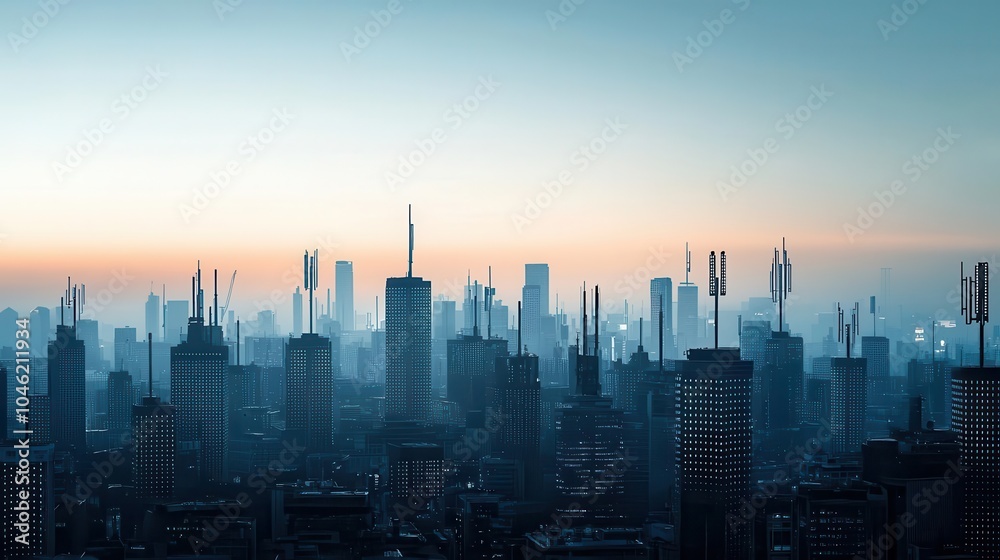 Fototapeta premium 5G antennas on a city rooftop with digital waves radiating, symbolizing the rapid progress of wireless networks, 5G, nextgen communication