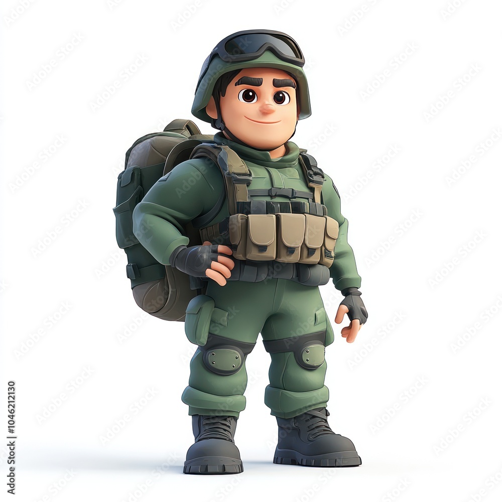 Cartoon soldier in green camouflage uniform with backpack Cartoon soldier in green camouflage uniform with backpack