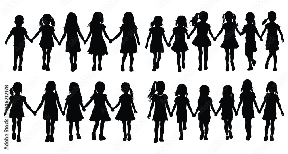 Vector silhouettes of a children playing and holding hands. Silhouettes of children playing. Silhouettes of children playing and holding hands. Vector illustrations of girl playing silhouettes Vector silhouettes of a children playing and holding hands. Silhouettes of children playing. Silhouettes of children playing and holding hands. Vector illustrations of girl playing silhouettes