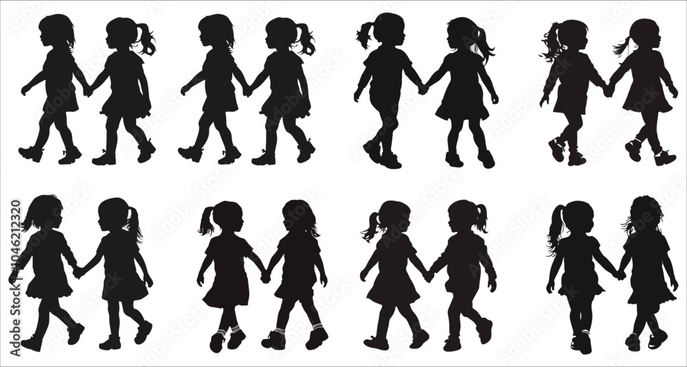 Fototapeta premium Vector silhouettes of a children playing and holding hands. Silhouettes of children playing. Silhouettes of children playing and holding hands. Vector illustrations of girl playing silhouettes