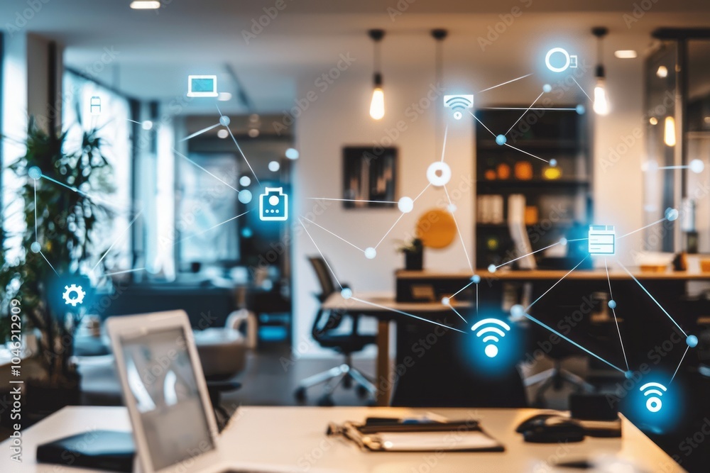 A tech-savvy office with smart devices controlling lighting and temperature. Employees appreciate the convenience of a modern working environment A tech-savvy office with smart devices controlling lighting and temperature. Employees appreciate the convenience of a modern working environment