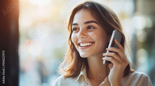 A smiling young woman talking on the phone in a bright, casual setting.