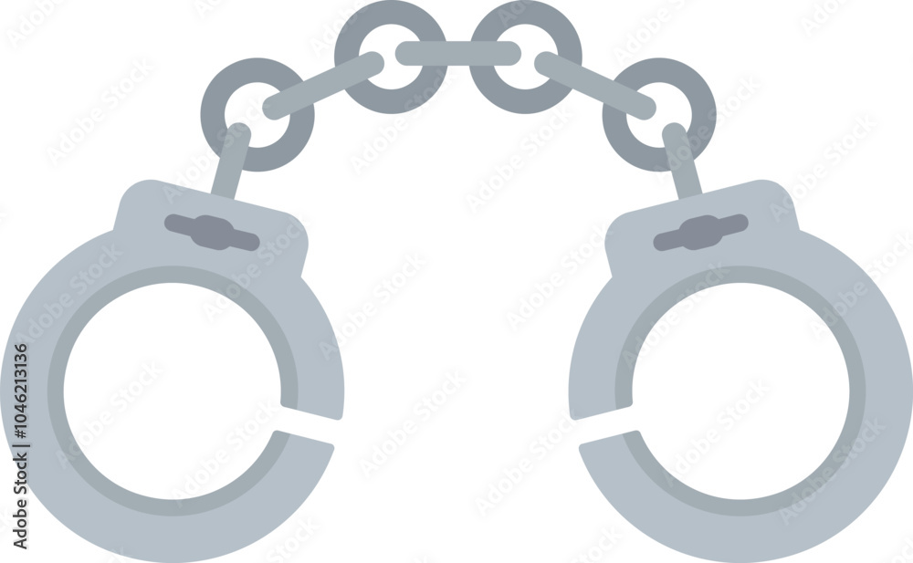 Pair of metal handcuffs is shown open with the chain connecting them forming a semi circle Pair of metal handcuffs is shown open with the chain connecting them forming a semi circle