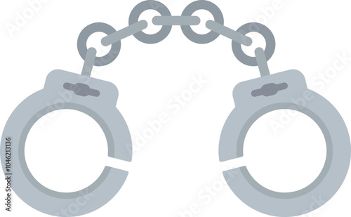 Pair of metal handcuffs is shown open with the chain connecting them forming a semi circle