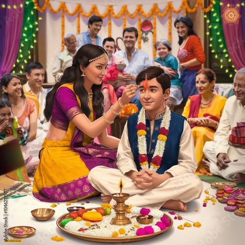 A highly detailed and realistic image of a traditional Bhai Dooj celebration. The central focus is a sister applying a bright red tika on her brother’s forehead, with a calm and affectionate expressio photo