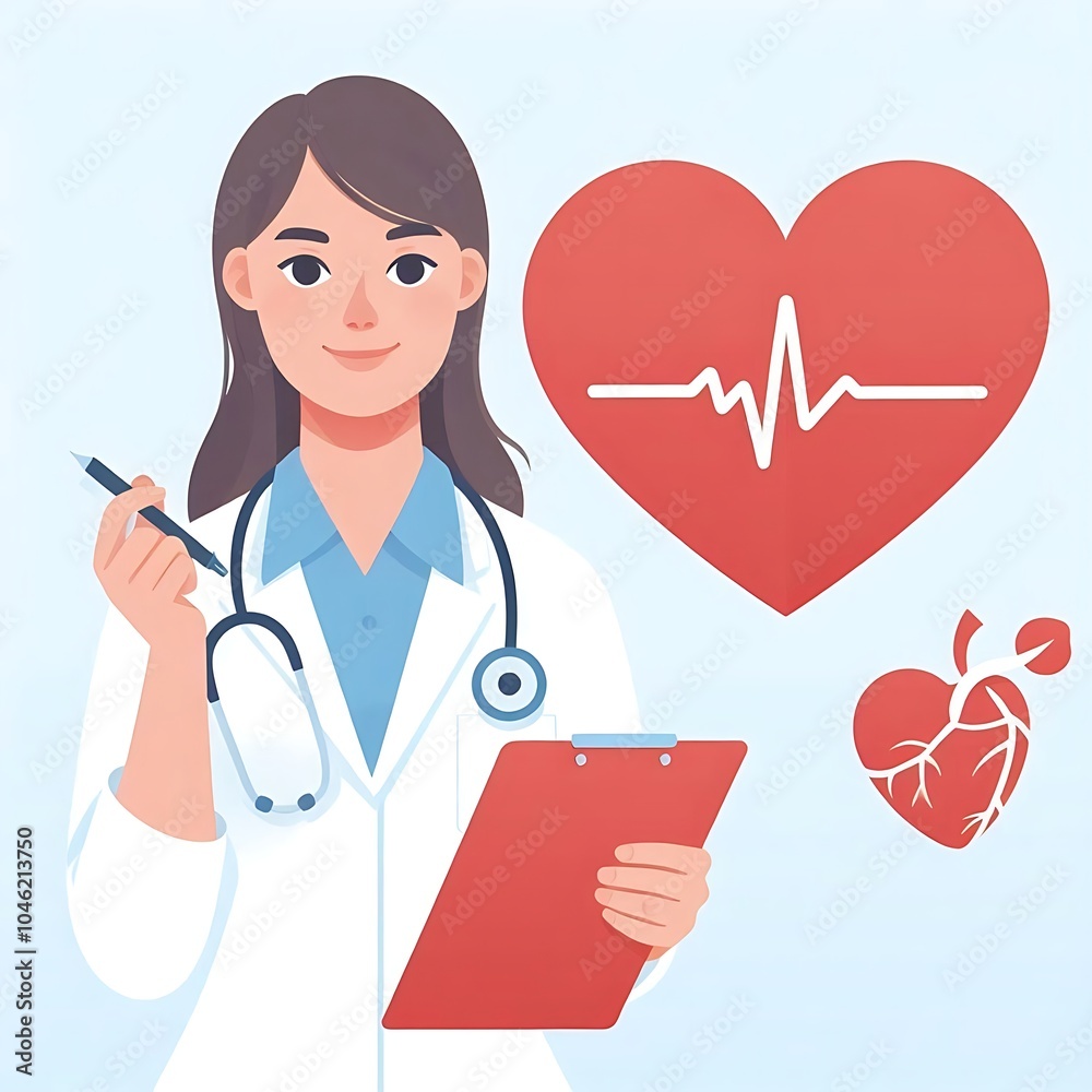 Flat, isolated illustration of a cardiologist in a lab coat, standing with a confident posture. The design is minimal, with clean lines and neutral tones, emphasizing a professional medical appearance Flat, isolated illustration of a cardiologist in a lab coat, standing with a confident posture. The design is minimal, with clean lines and neutral tones, emphasizing a professional medical appearance