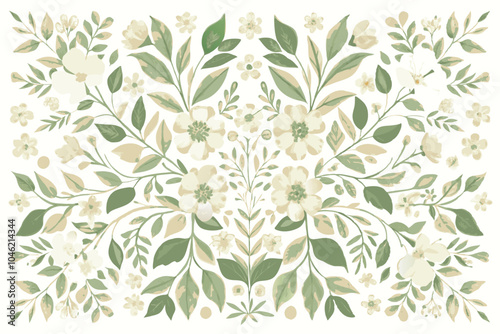 Symmetrical Floral Pattern with Soft Green Leaves and Beige Flowers in Watercolor Style.