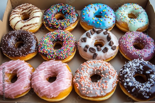 A colorful assortment of donuts in a box, featuring various flavors and toppings, perfect for celebrations and indulgent treats.