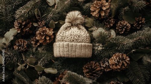 Cozy Knit Hat on Pine and Pinecone Background