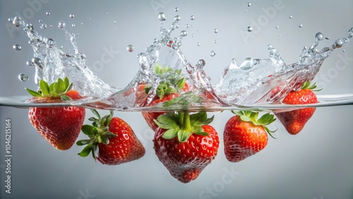 Strawberries splashing in water with water splashing, creating leading lines