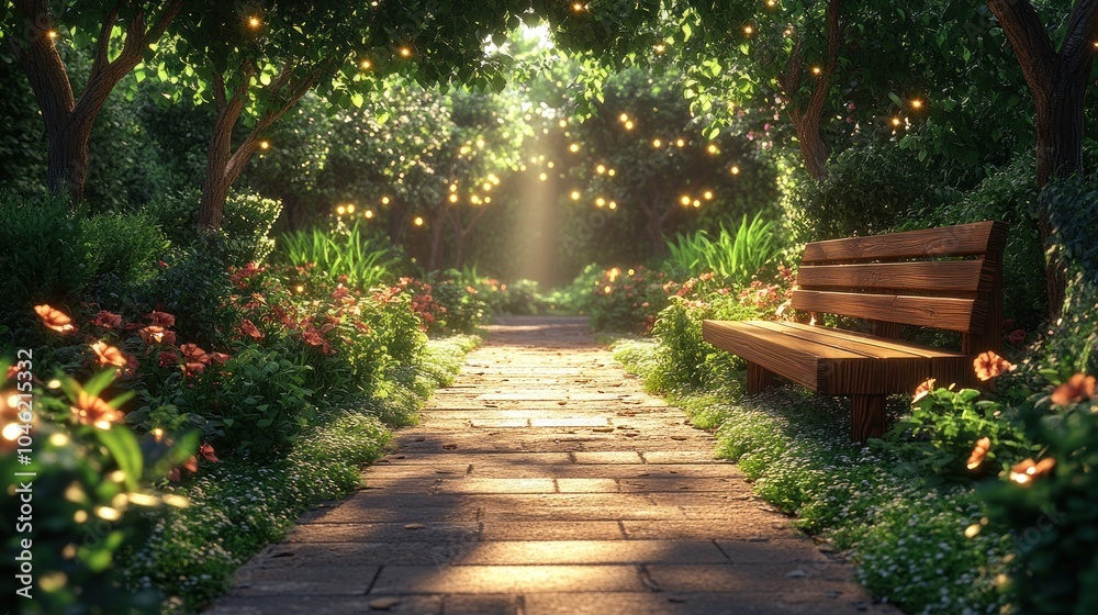 Obraz premium A serene garden path with flowers and a bench illuminated by lights.